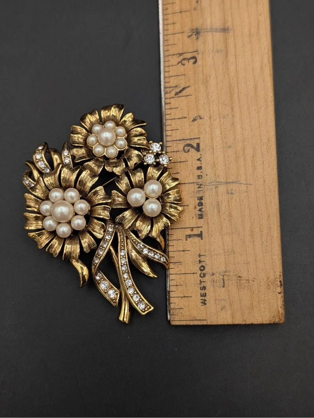 Vintage Monet Floral Bouquet Brooch Pin Gold Tone Faux Pearl Rhinestone Flower